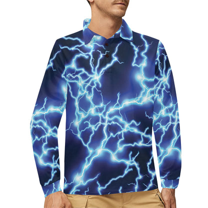 Lightning Thunder Pattern Print Design 04 Long Sleeve Polo Shirt For Men's