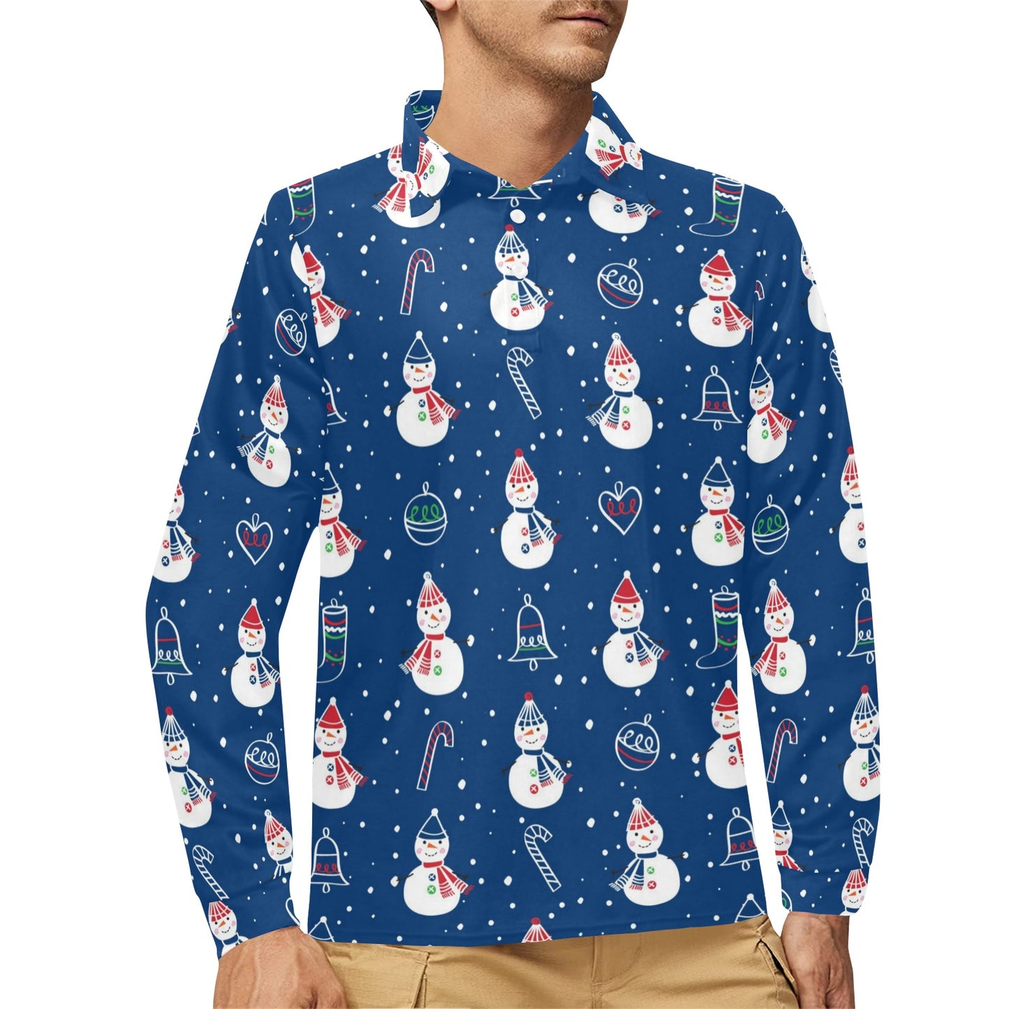 Snowman Print Design LKS306 Long Sleeve Polo Shirt For Men's