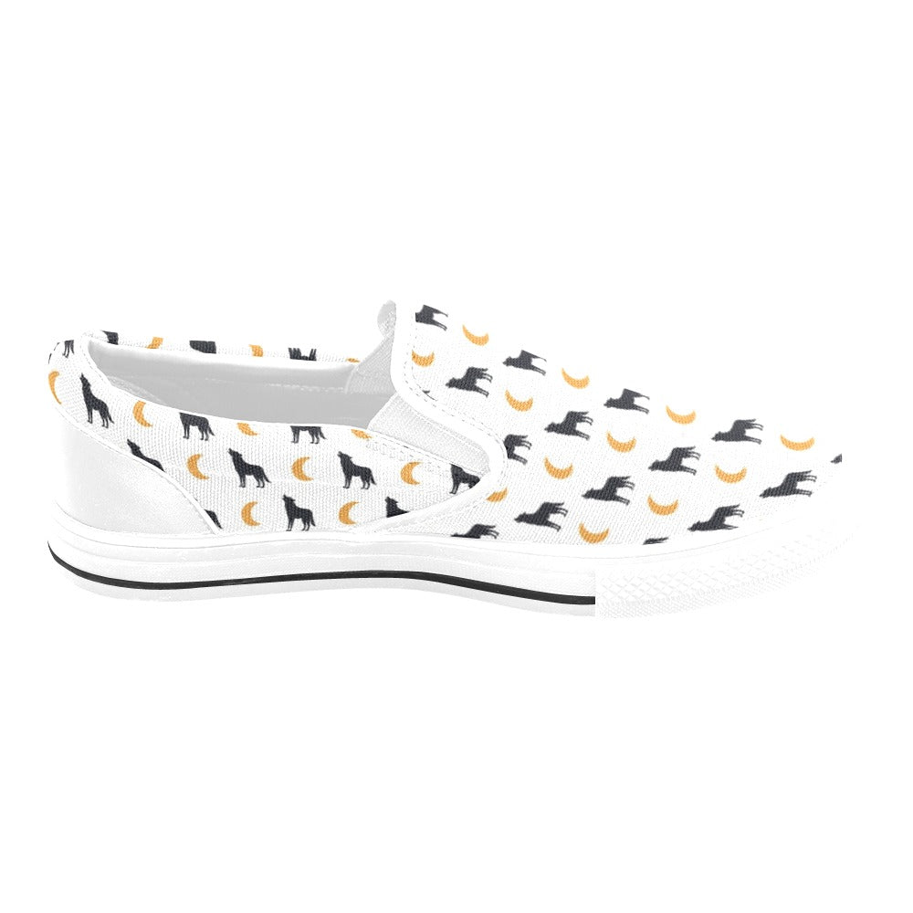 Wolf Moon Print Design LKS302 White Slip Ons Canvas Women's Shoes