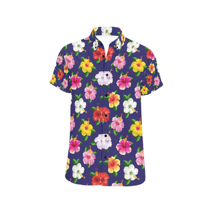 Hibiscus Colorful Print Design LKS301 Men Short Sleeve Button Up Shirt