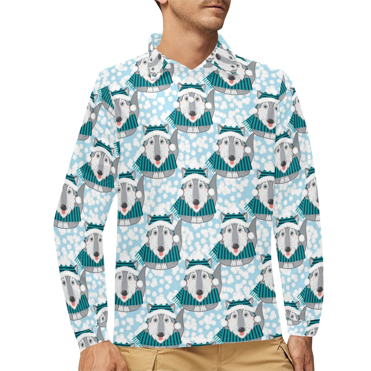 Alaskan Malamute Pattern Print Design 01 Long Sleeve Polo Shirt For Men's