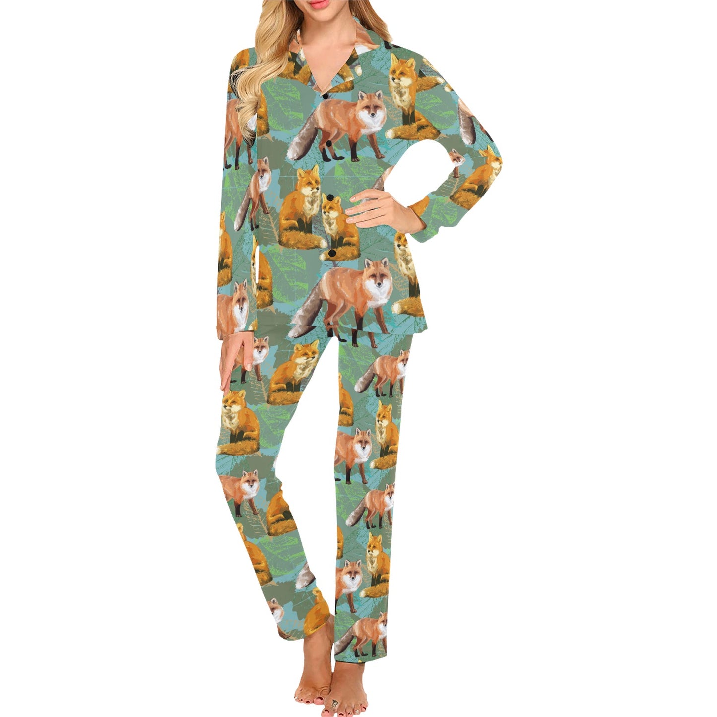 Fox Autumn leaves Themed Women's Long Pajama Set