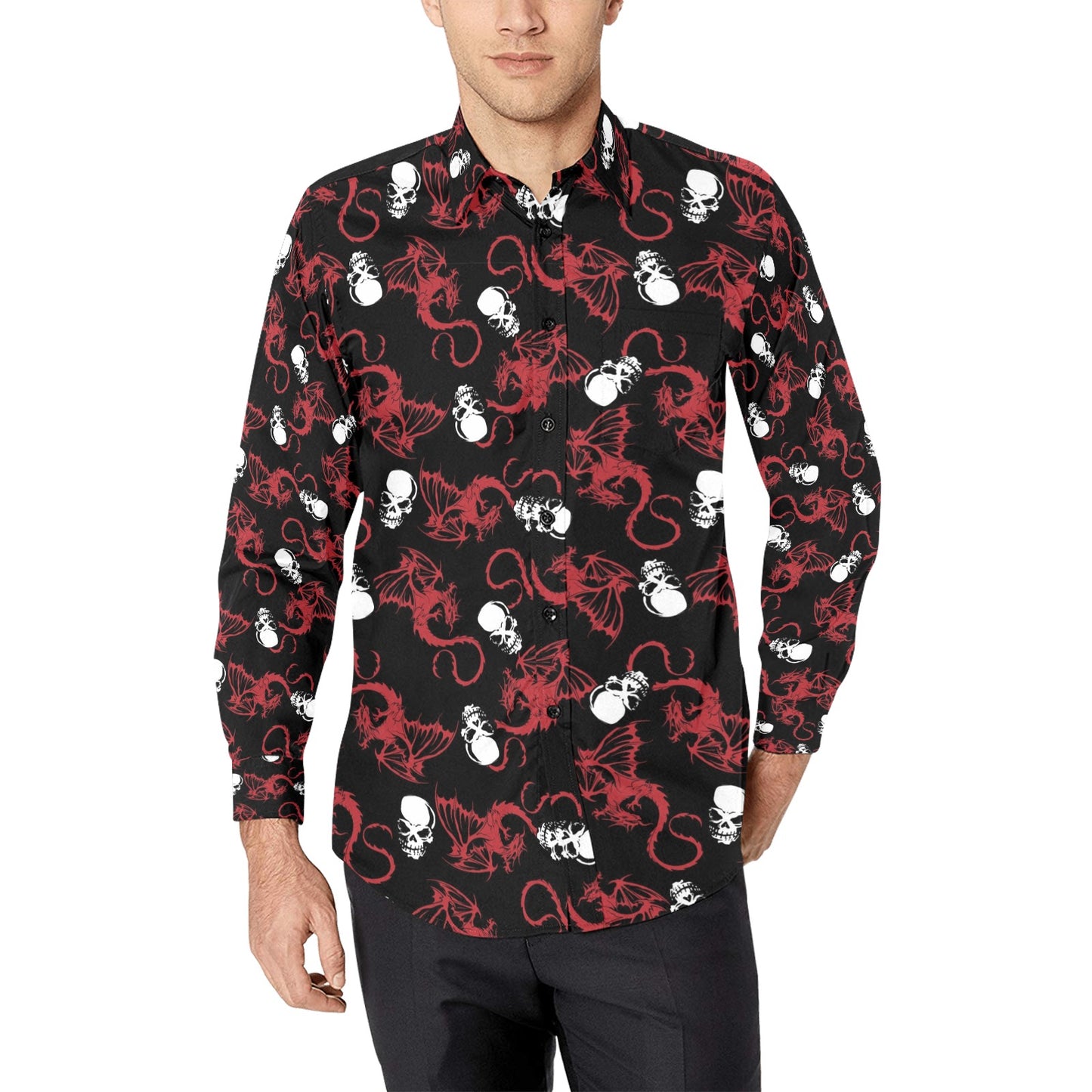 Skull With Red Dragon Print Design LKS304 Men's Long Sleeve Dress Shirt