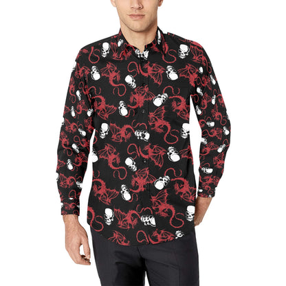 Skull With Red Dragon Print Design LKS304 Men's Long Sleeve Dress Shirt
