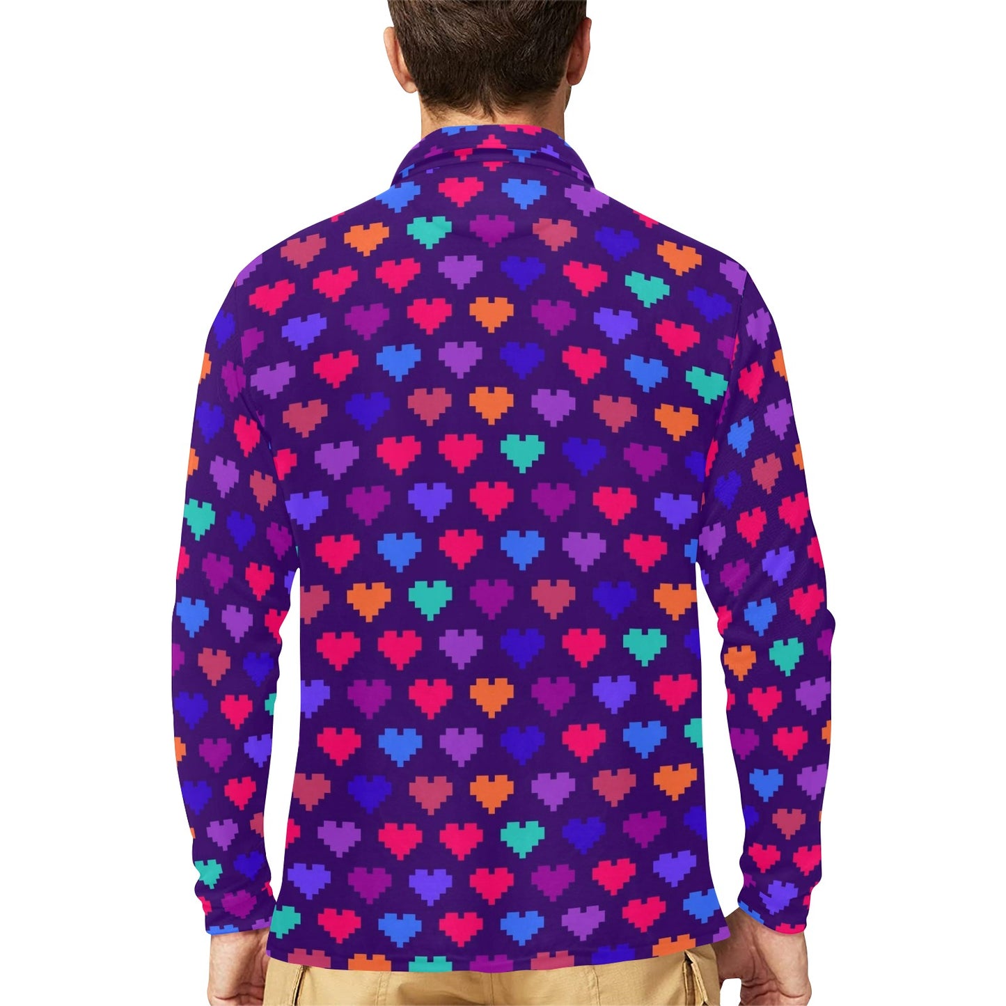 Heart Pixel Pattern Print Design HE03 Long Sleeve Polo Shirt For Men's