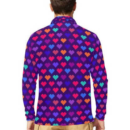 Heart Pixel Pattern Print Design HE03 Long Sleeve Polo Shirt For Men's