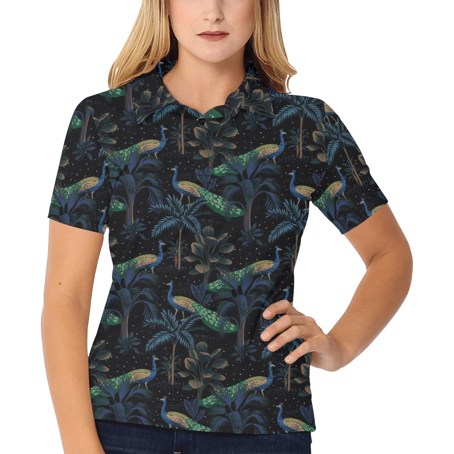 Rainforest Peacock Pattern Print Design A04 Women's Polo Shirt