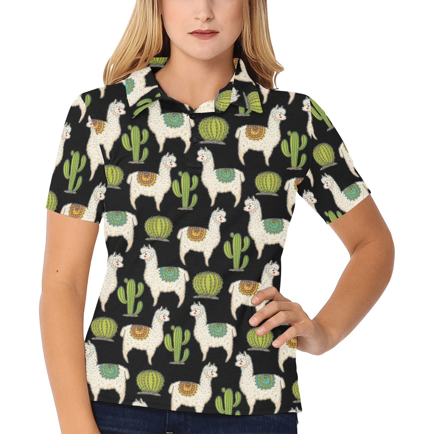 Alpaca Cactus Pattern Print Design 07 Women's Polo Shirt