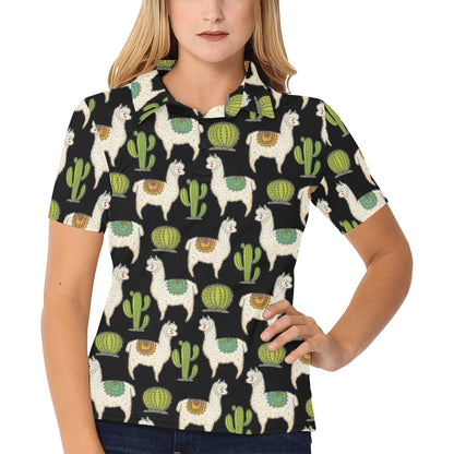 Alpaca Cactus Pattern Print Design 07 Women's Polo Shirt