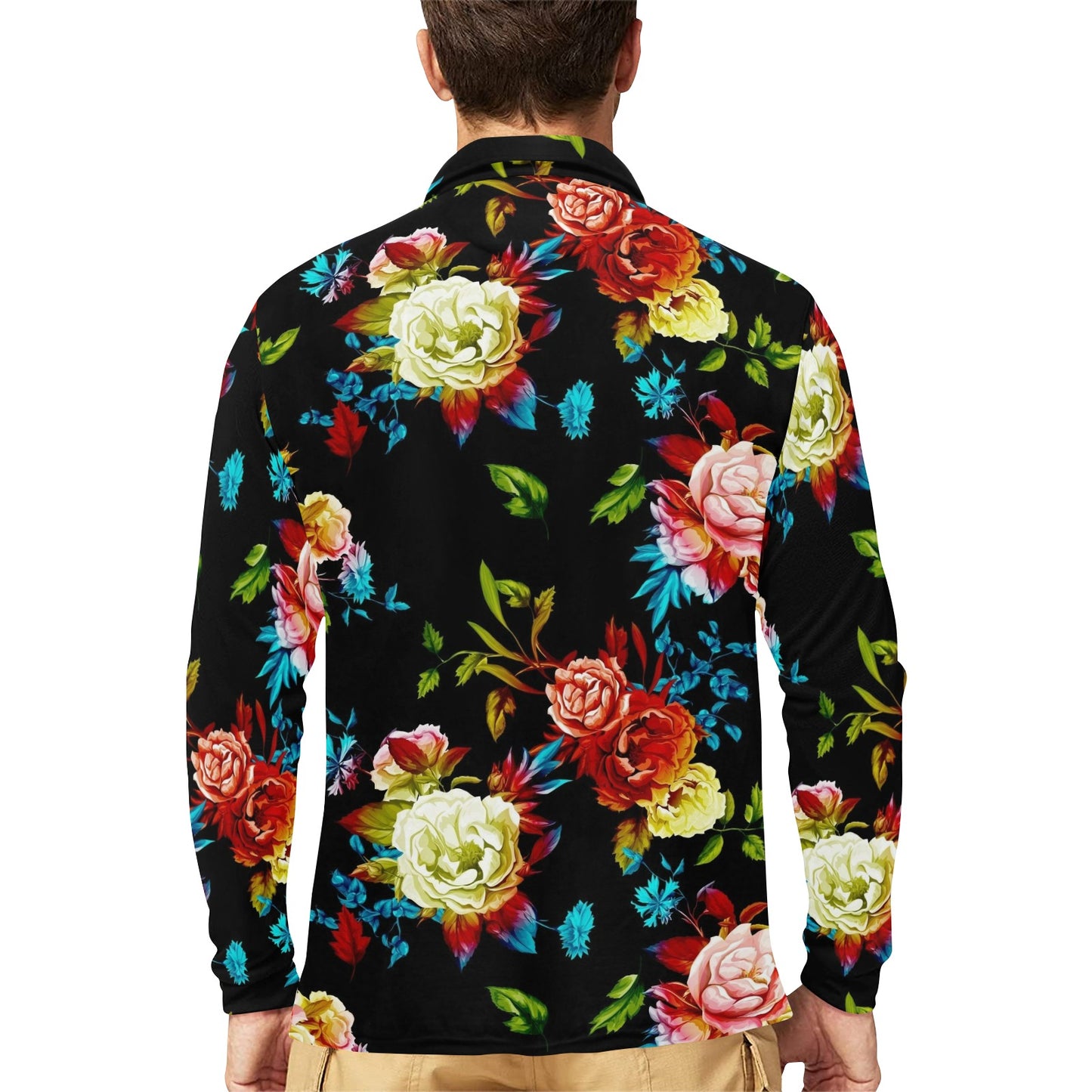 Peony Pattern Print Design PE07 Long Sleeve Polo Shirt For Men's