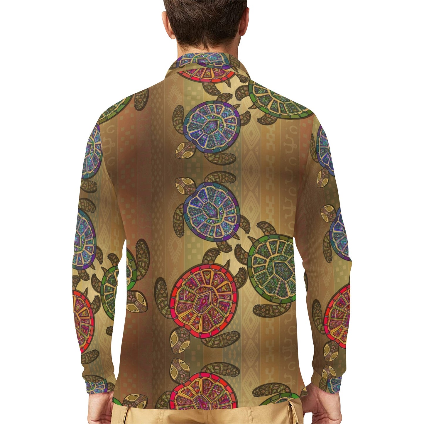 Sea Turtle Tribal Colorful Long Sleeve Polo Shirt For Men's