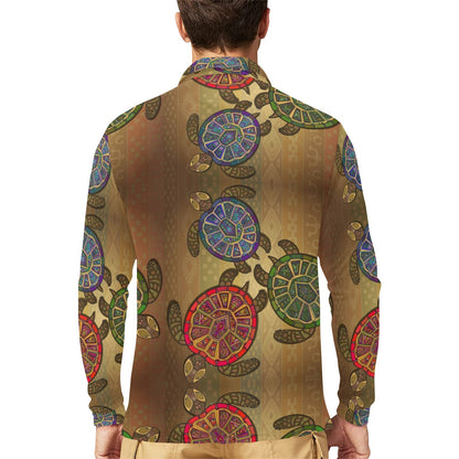 Sea Turtle Tribal Colorful Long Sleeve Polo Shirt For Men's