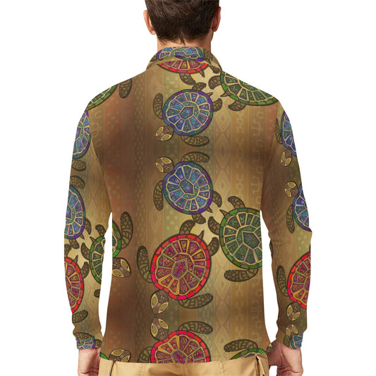 Sea Turtle Tribal Colorful Long Sleeve Polo Shirt For Men's