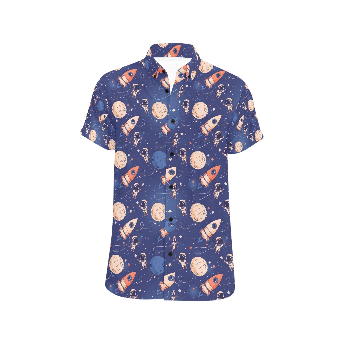 Space Astronaut Rocket Print Design LKS304 Men Short Sleeve Button Up Shirt