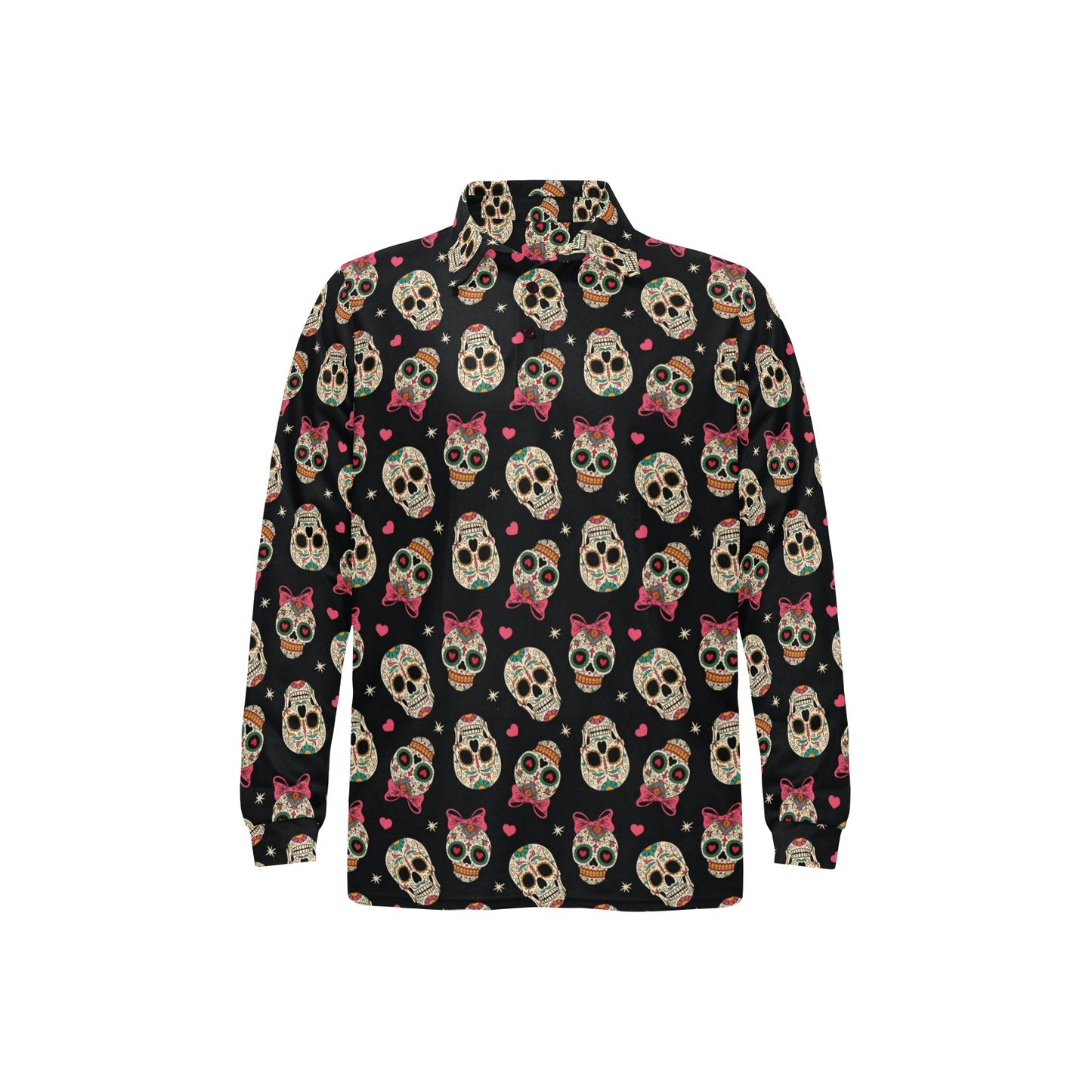 Sugar Skull Pink Bow Themed Print Long Sleeve Polo Shirt For Men's