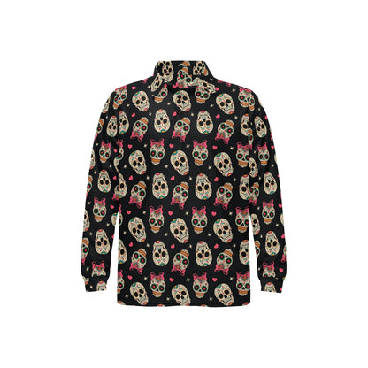 Sugar Skull Pink Bow Themed Print Long Sleeve Polo Shirt For Men's