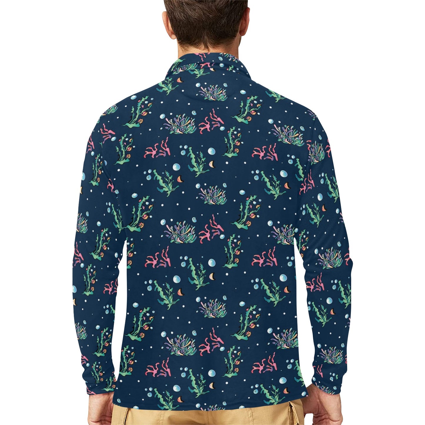 Seaweed Print Design LKS306 Long Sleeve Polo Shirt For Men's