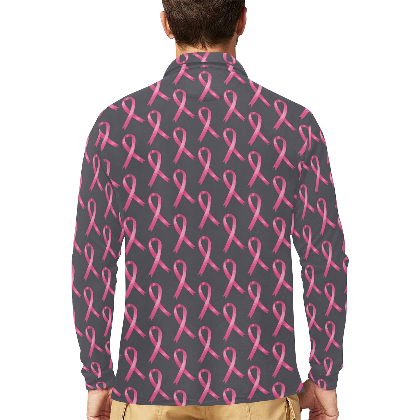 Breast Cancer Awareness Pattern Long Sleeve Polo Shirt For Men's