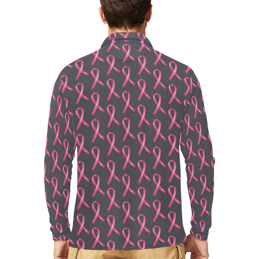Breast Cancer Awareness Pattern Long Sleeve Polo Shirt For Men's