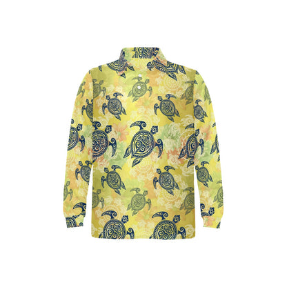 Hawaiian Turtle Tribal Design Print Long Sleeve Polo Shirt For Men's