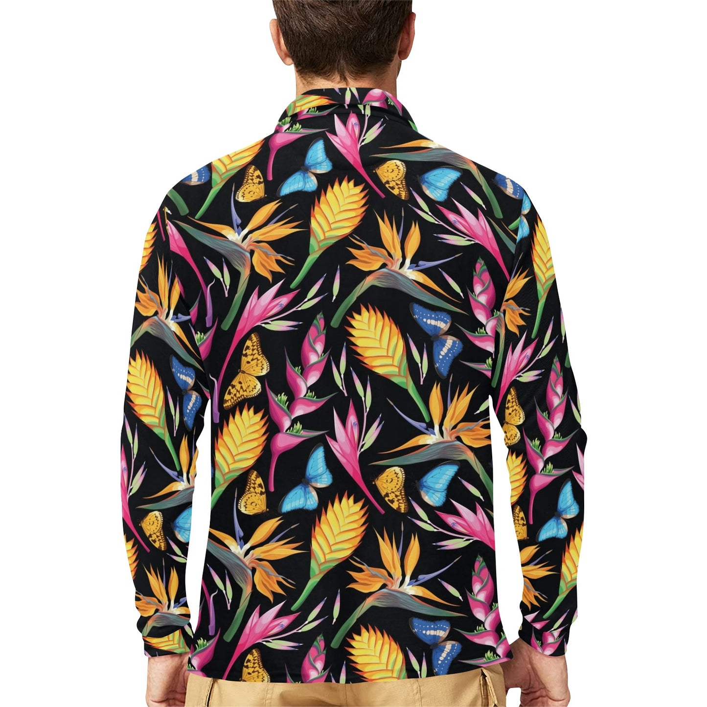 Tropical Flower Pattern Print Design TF016 Long Sleeve Polo Shirt For Men's