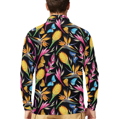 Tropical Flower Pattern Print Design TF016 Long Sleeve Polo Shirt For Men's