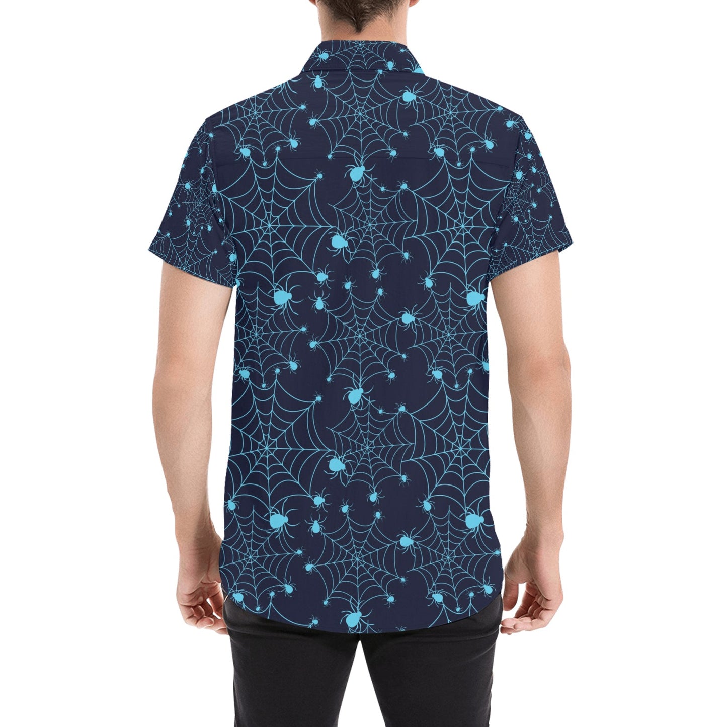 Spider Web Blue Print Design LKS304 Men Short Sleeve Button Up Shirt