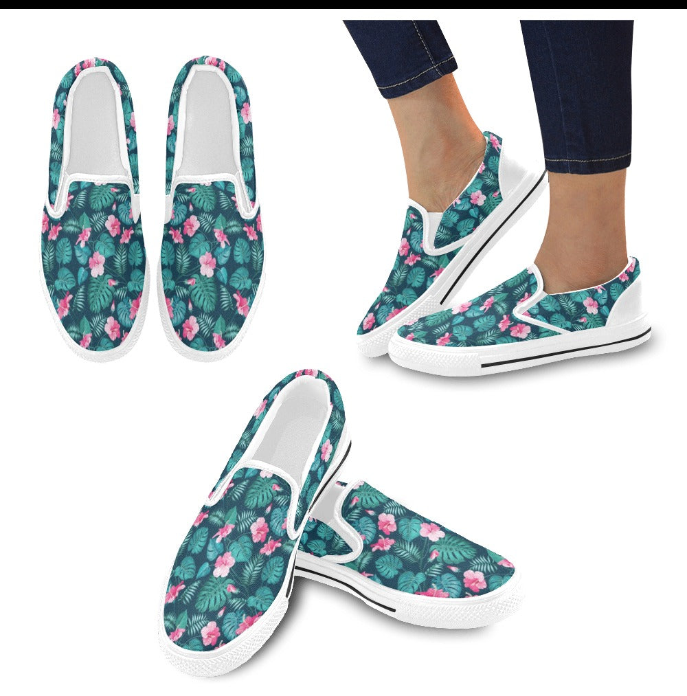 Summer Floral Print Design LKS301 White Slip Ons Canvas Women's Shoes