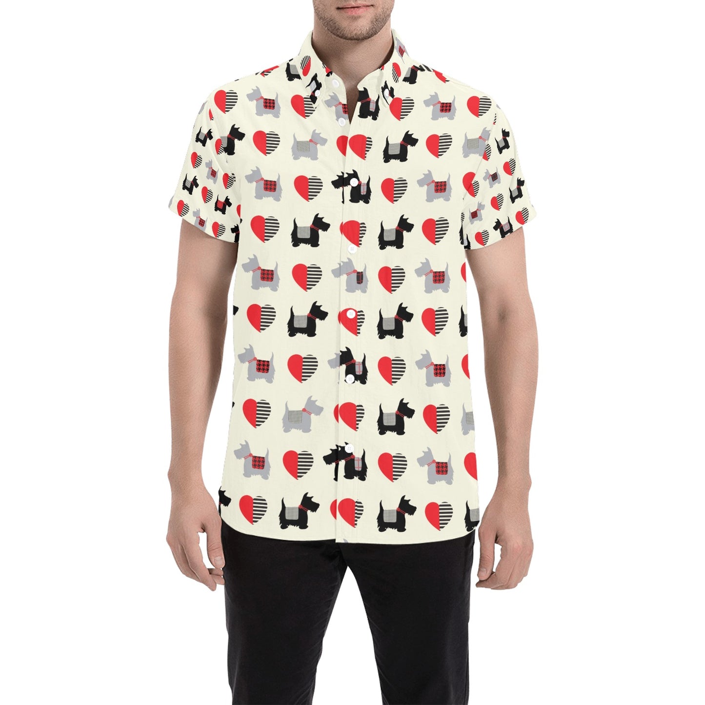 Scottish Terriers Print Design LKS3010 Men Short Sleeve Button Up Shirt