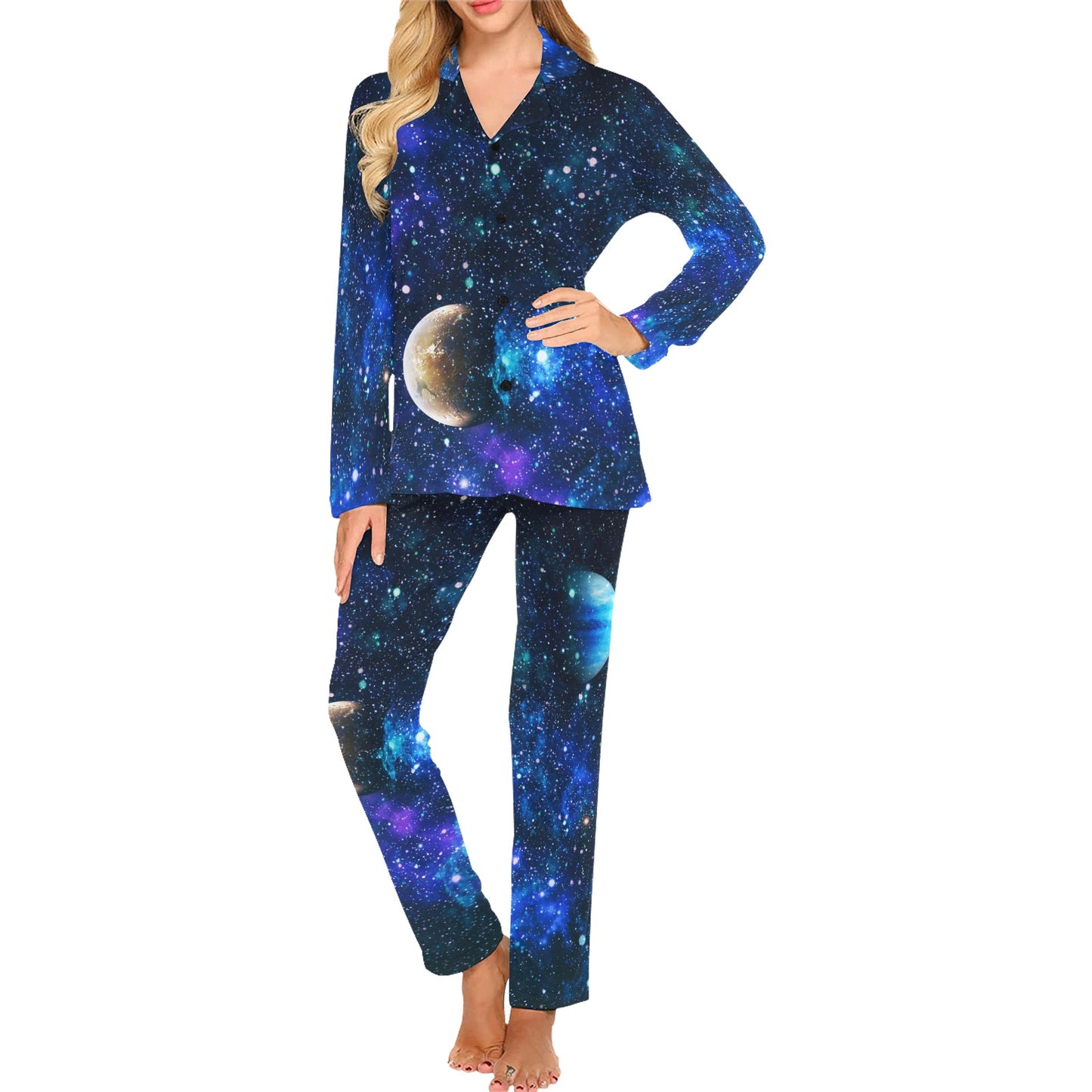 Galaxy Stardust Planet Space Print Women's Long Pajama Set