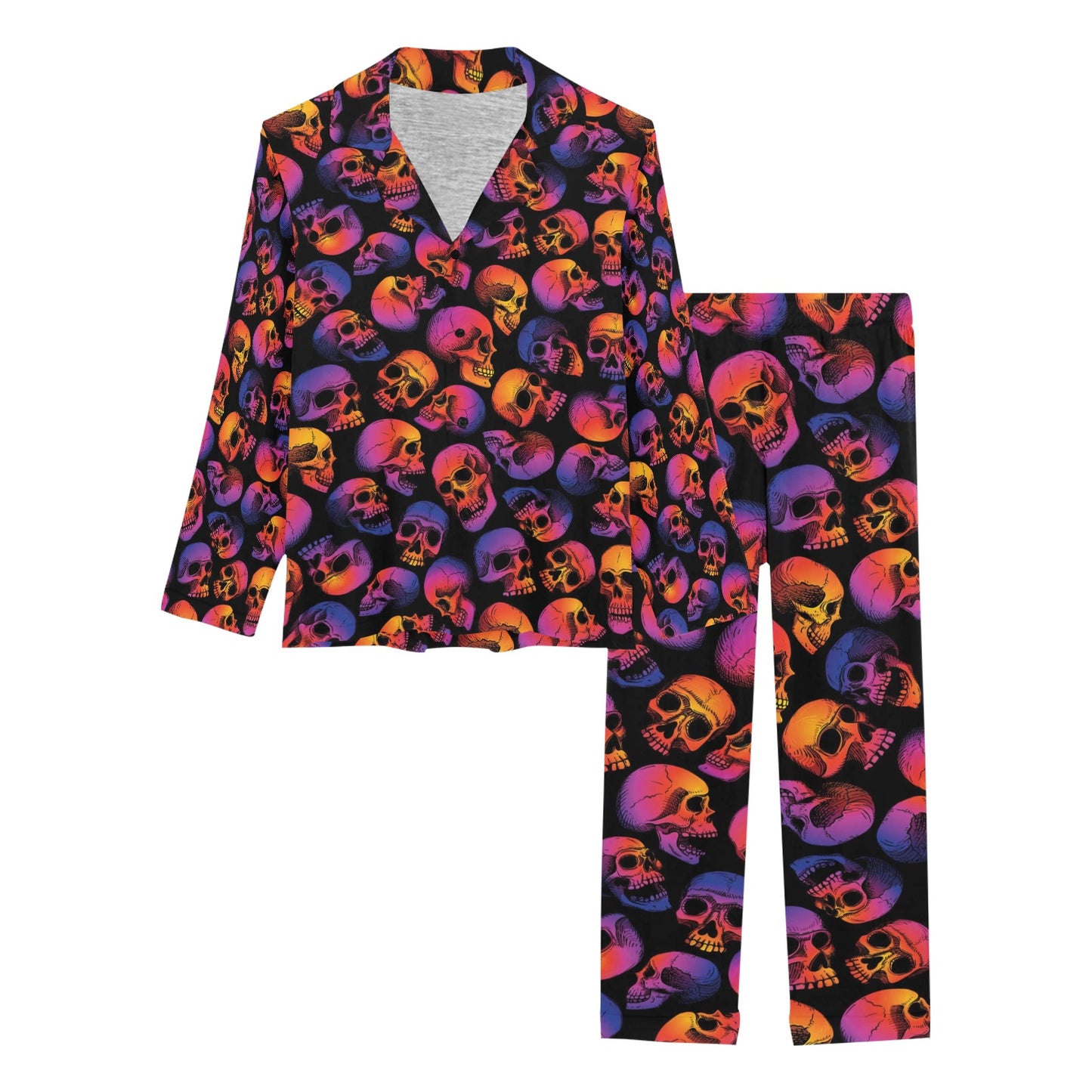 Skull Multicolor Print Design LKS3011 Women's Long Pajama Set