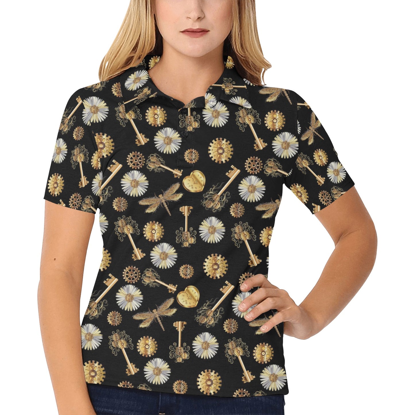 Steampunk Dragonfly Design Themed Print Women's Polo Shirt