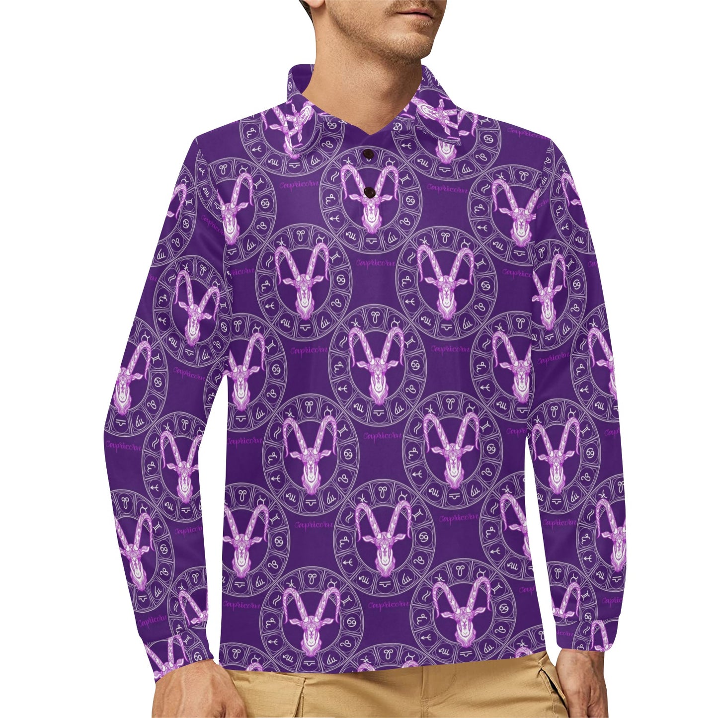 Capricorn Zodiac Pattern Print Design 04 Long Sleeve Polo Shirt For Men's