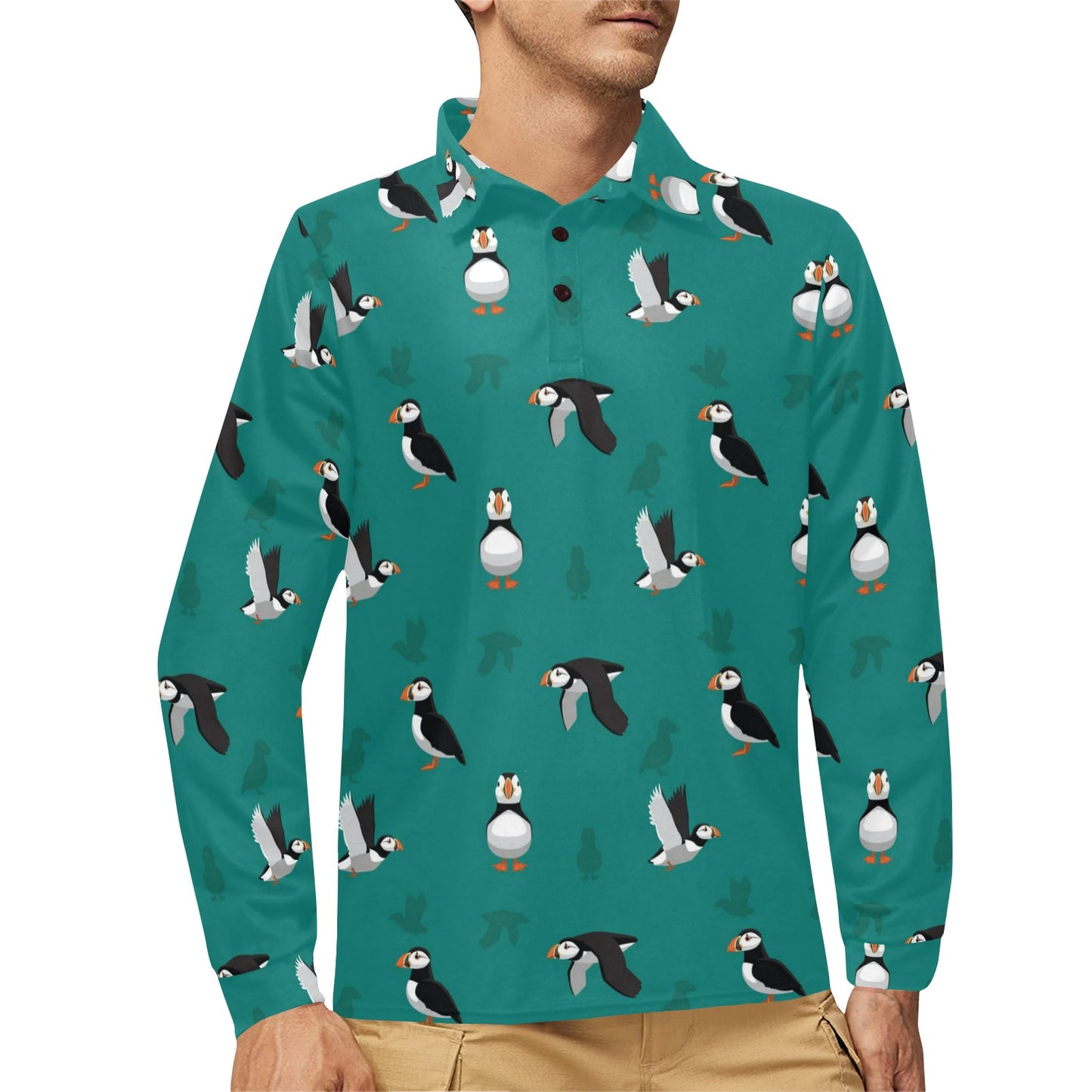 Puffin Pattern Print Design A02 Long Sleeve Polo Shirt For Men's