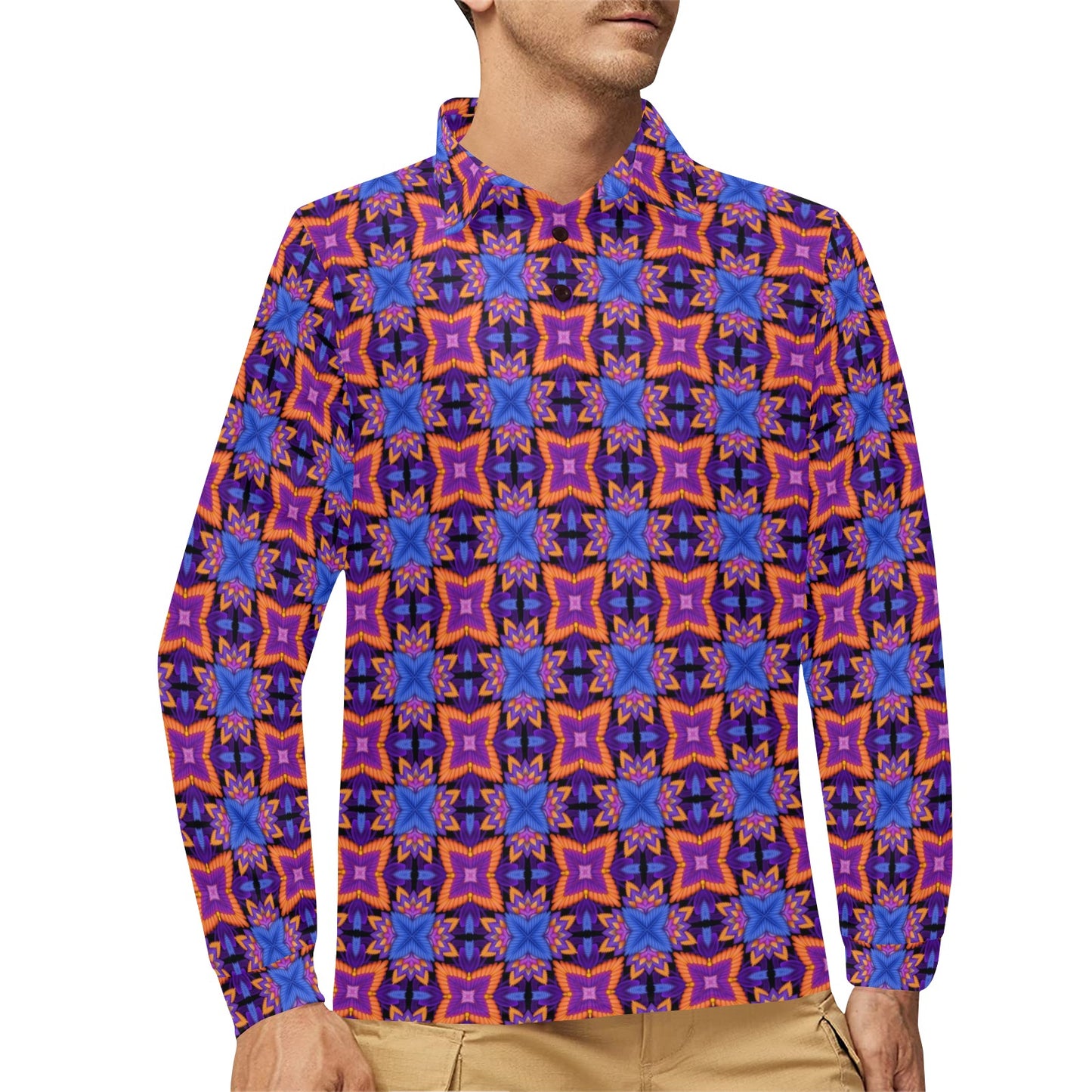 kaleidoscope Purple Orange Print Design Long Sleeve Polo Shirt For Men's