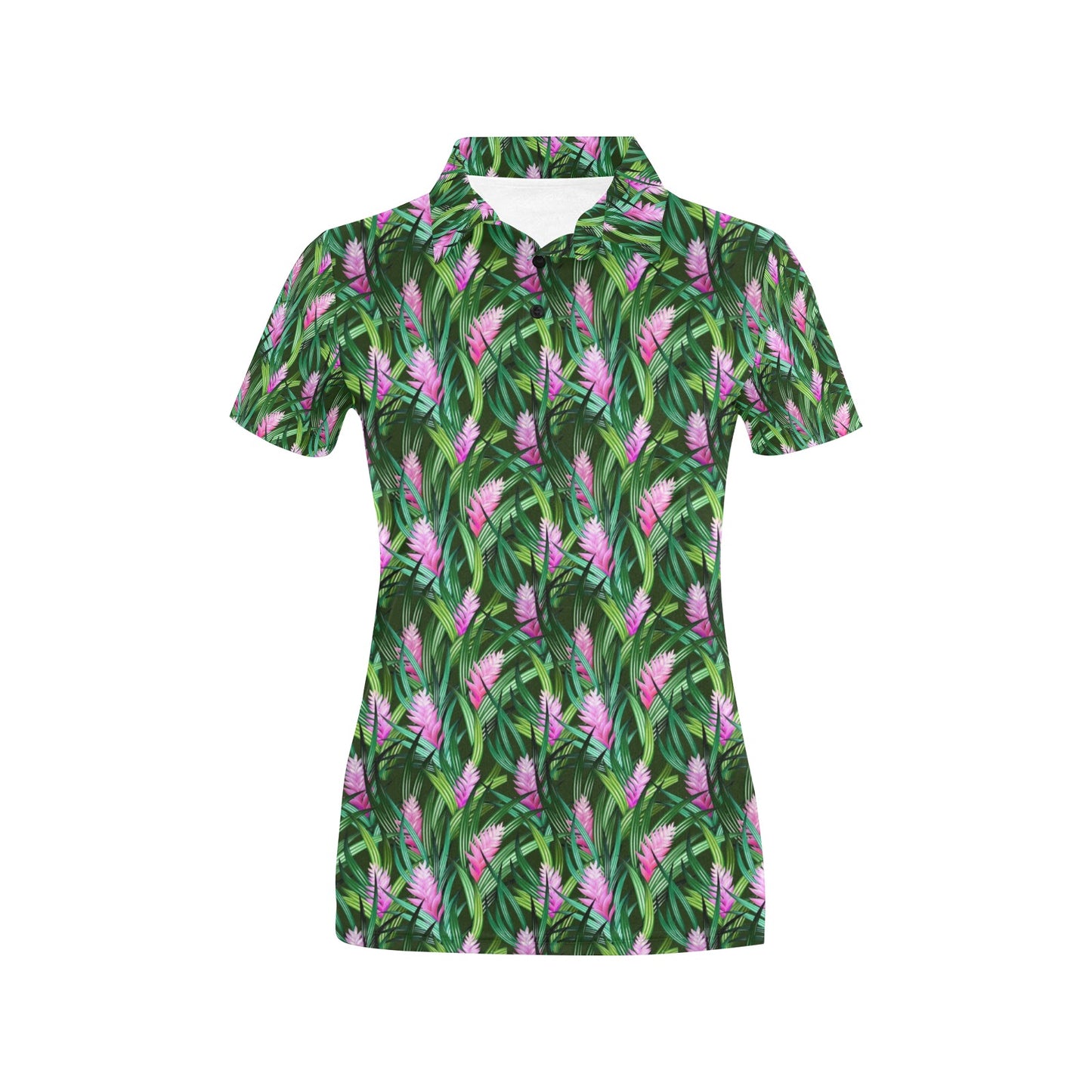 Tropical Folower Pink Heliconia Print Women's Polo Shirt
