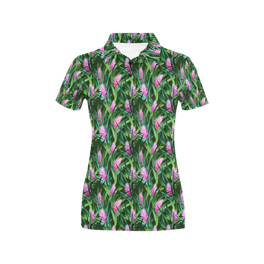 Tropical Folower Pink Heliconia Print Women's Polo Shirt