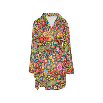 Flower Power Peace Paisley Themed Print Women's Fleece Robe