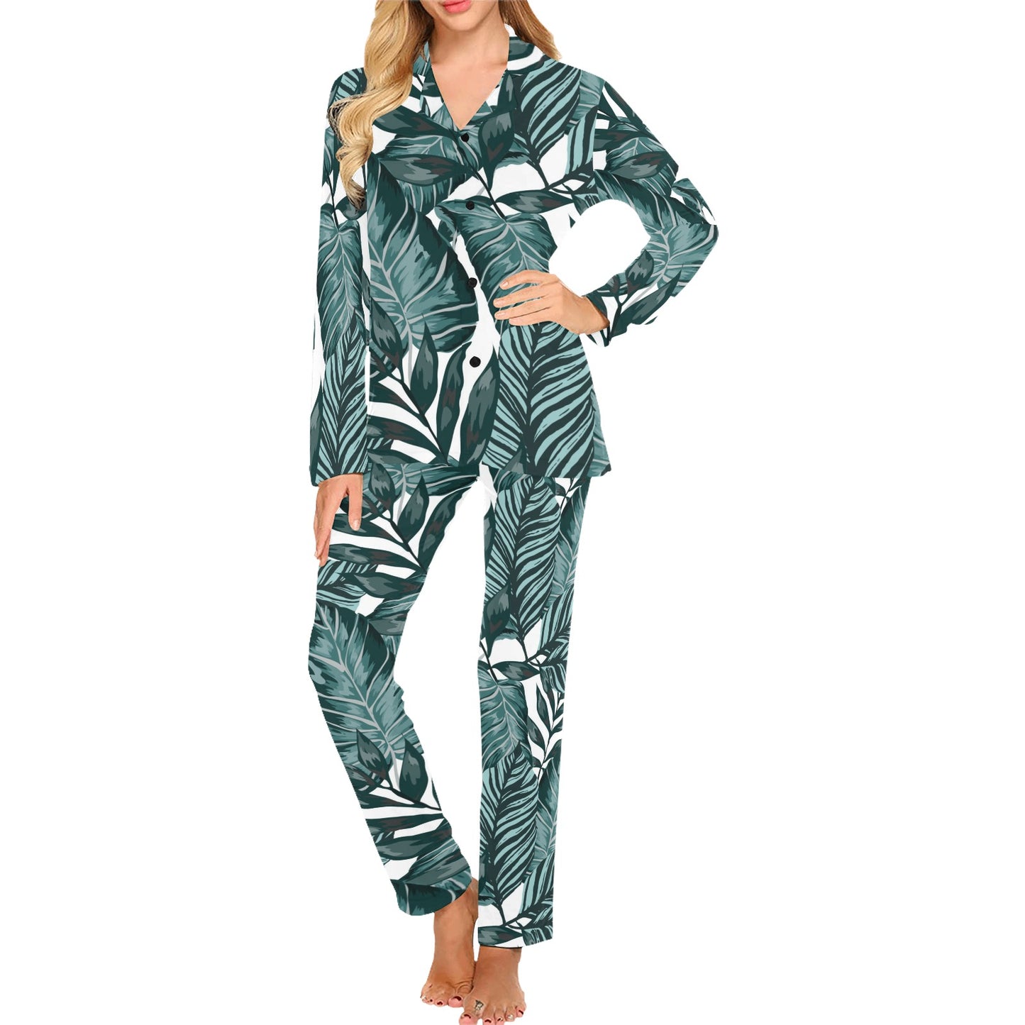 Tropical Palm Leaves Pattern Women's Long Pajama Set