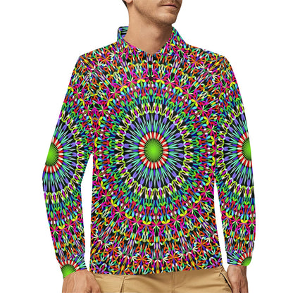 Bohemian Colorful Style Print Long Sleeve Polo Shirt For Men's