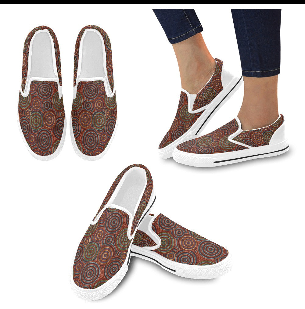 Aboriginal Print Design LKS403 White Slip Ons Canvas Women's Shoes