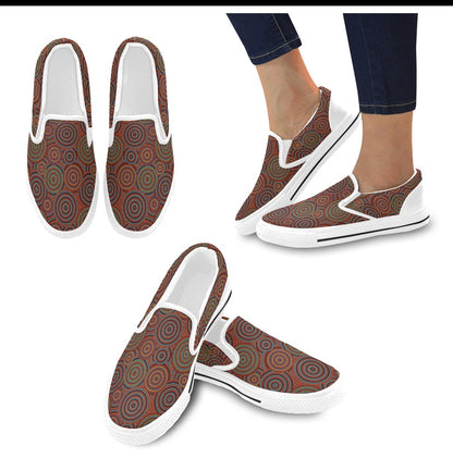 Aboriginal Print Design LKS403 White Slip Ons Canvas Women's Shoes