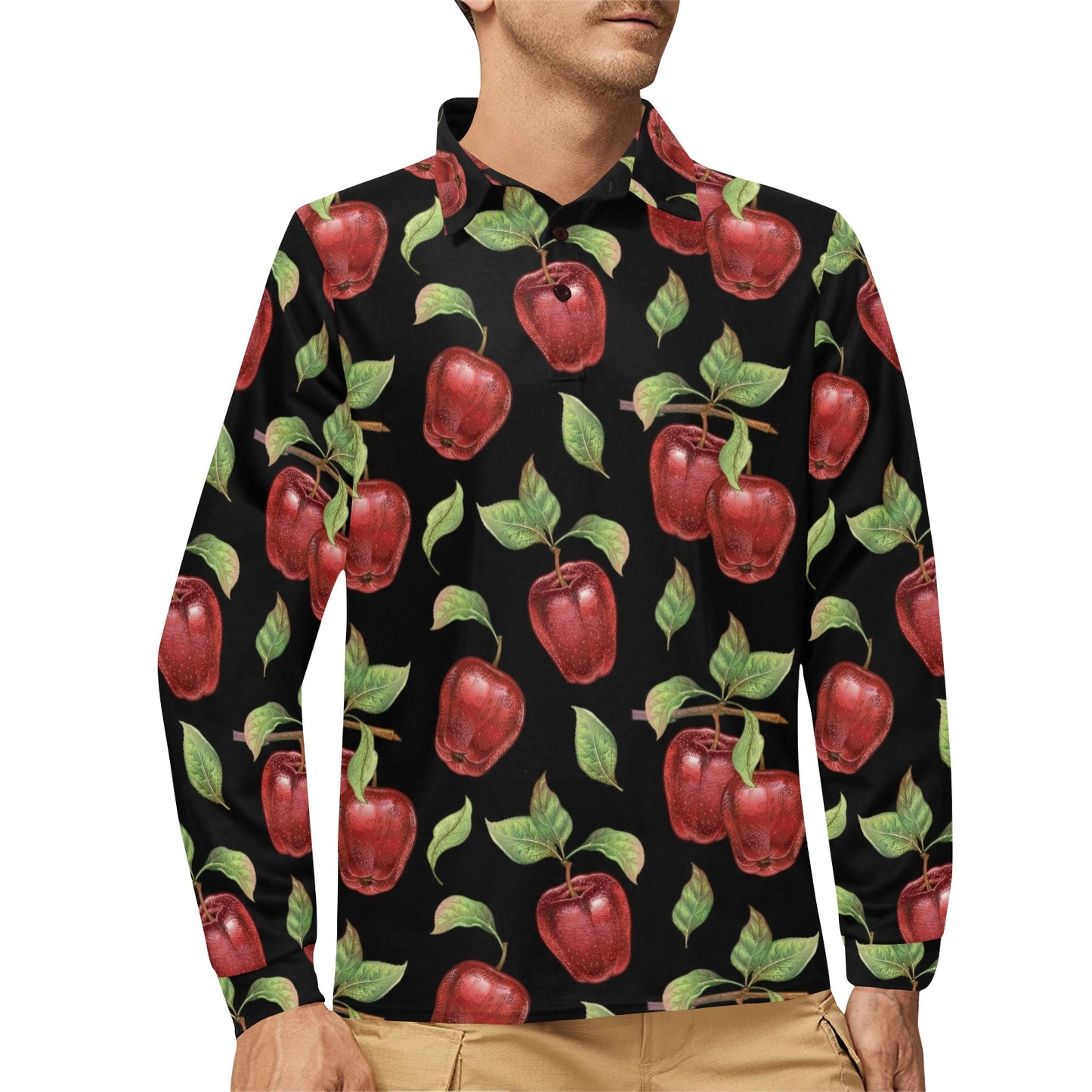 Apple Pattern Print Design AP011 Long Sleeve Polo Shirt For Men's