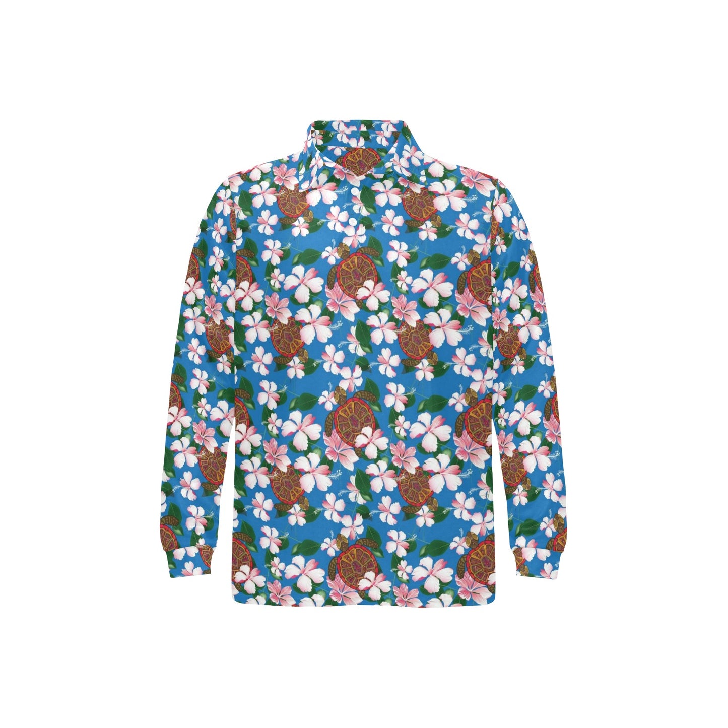 Sea Turtle Pink Hibiscus Hawaiian Print Long Sleeve Polo Shirt For Men's