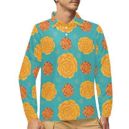 Marigold Pattern Print Design 02 Long Sleeve Polo Shirt For Men's