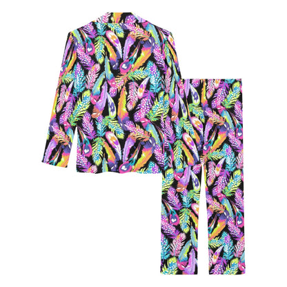 Neon Feather Pattern Print Design A02 Women's Long Pajama Set