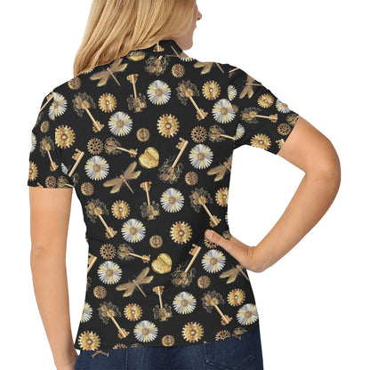 Steampunk Dragonfly Design Themed Print Women's Polo Shirt