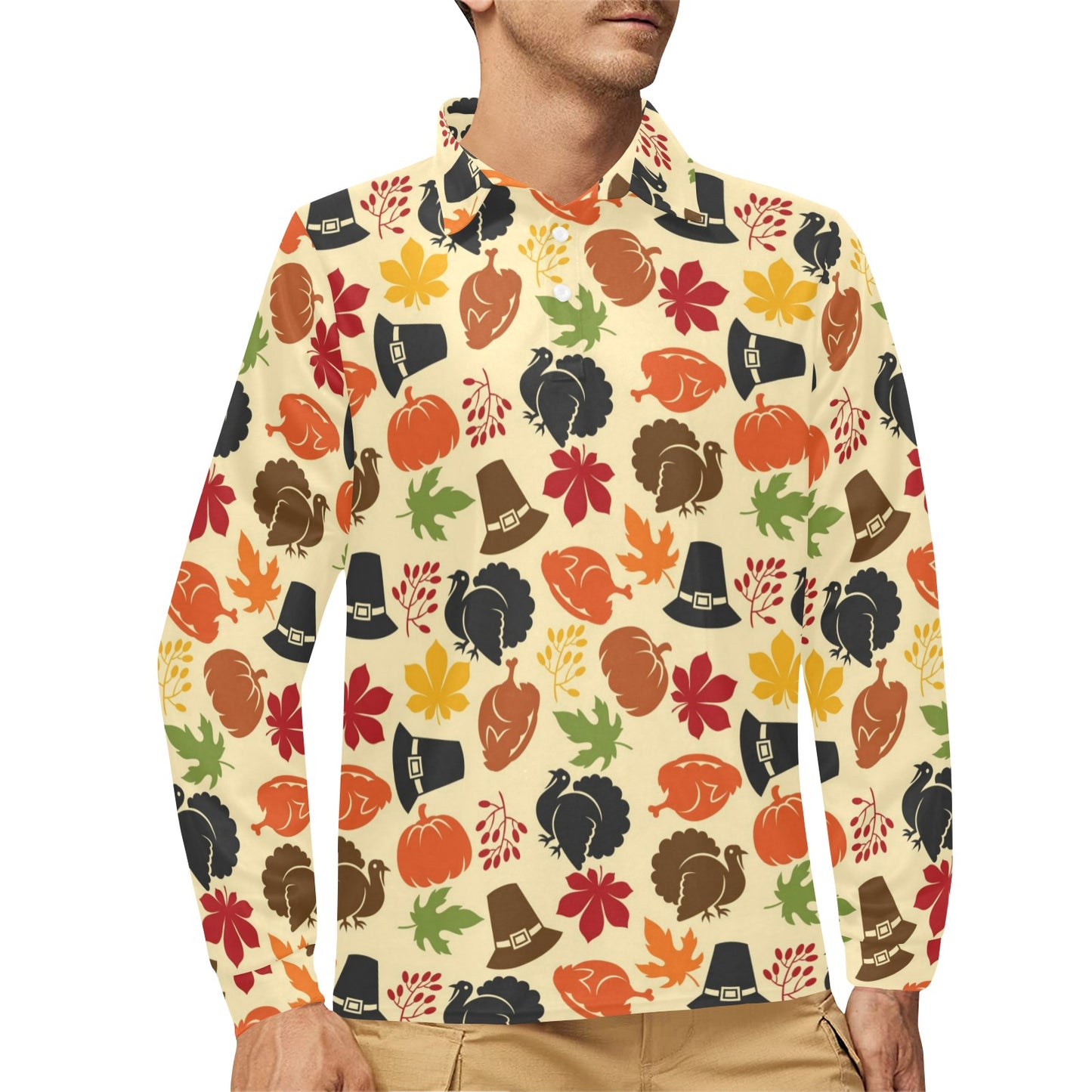 Thanksgiving Print Design LKS303 Long Sleeve Polo Shirt For Men's