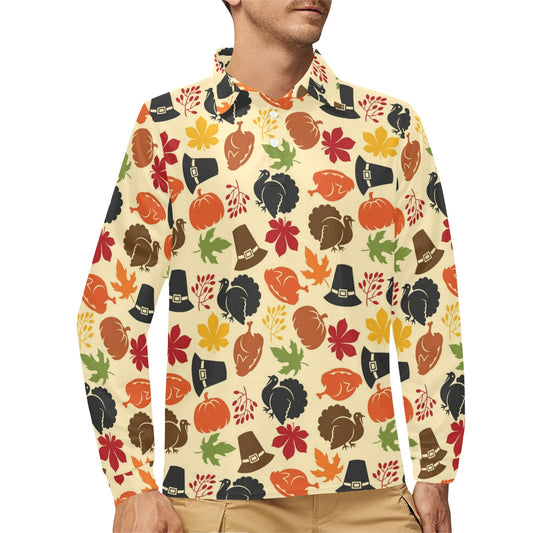 Thanksgiving Print Design LKS303 Long Sleeve Polo Shirt For Men's