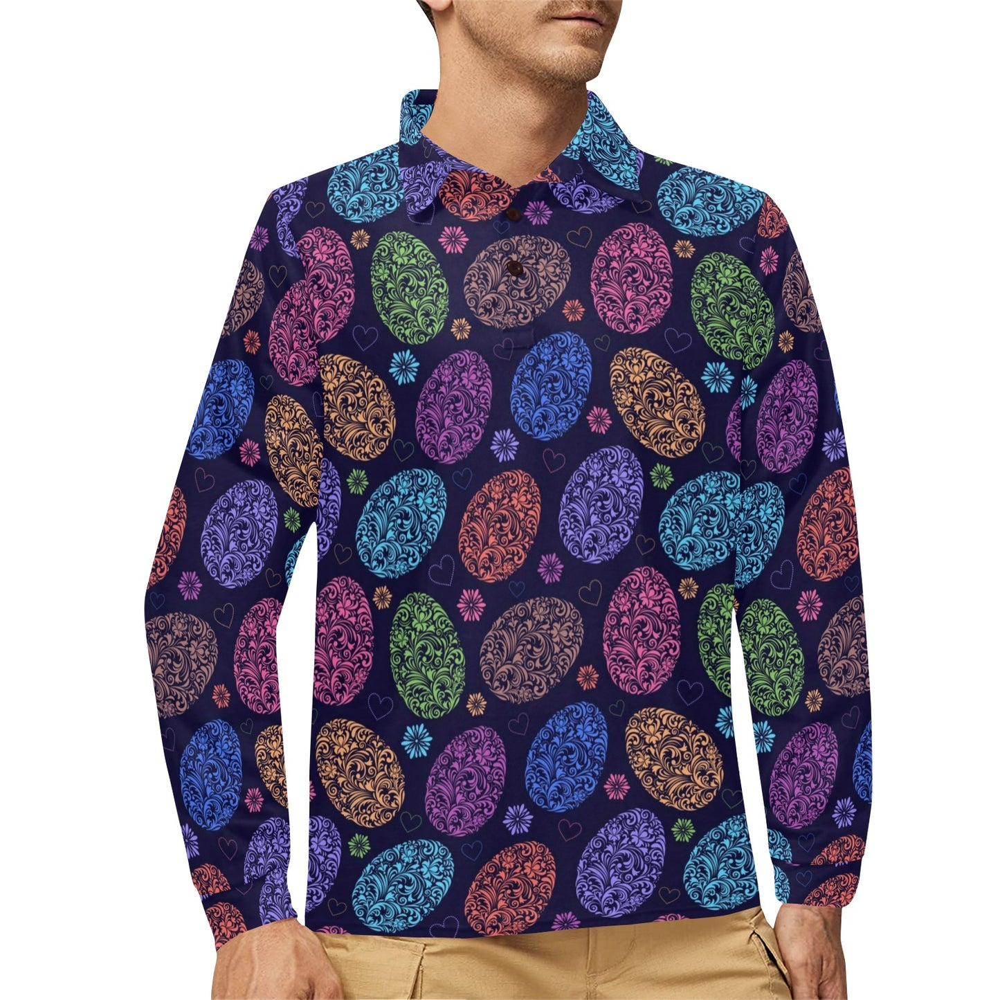 Easter Eggs Pattern Print Design RB012 Long Sleeve Polo Shirt For Men's
